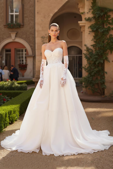 Strapless Appliqued Ivory Bridal Gown Dress With Sweep Train